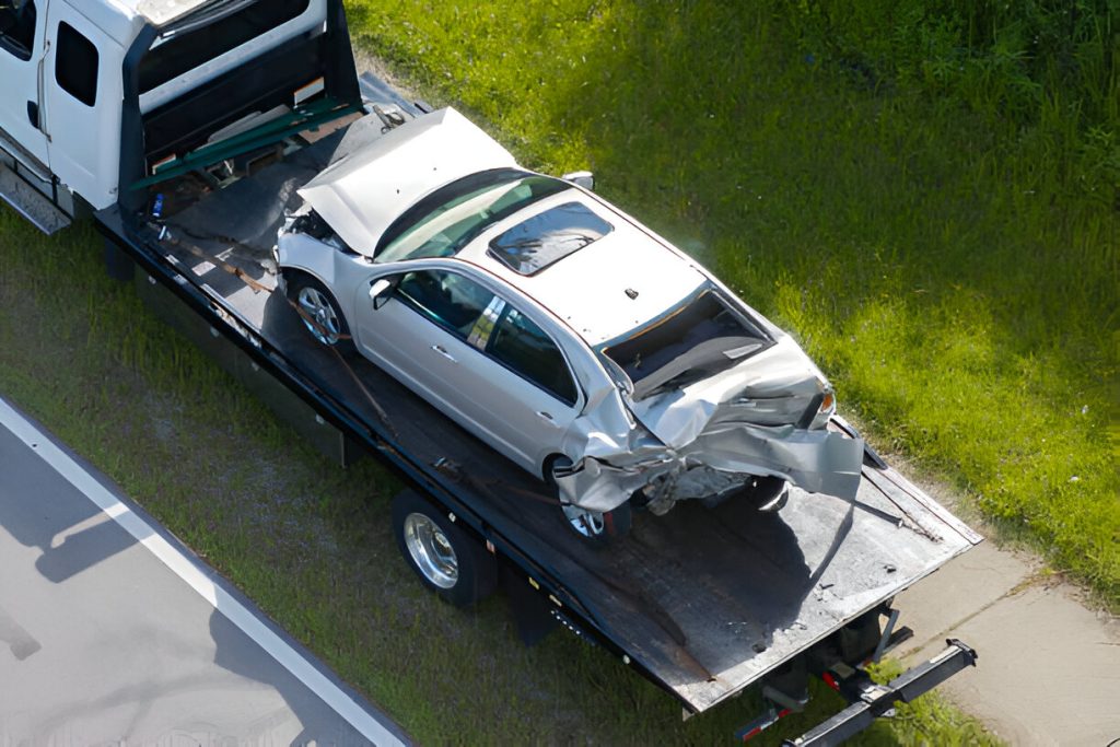 Damaged vehicle being transported