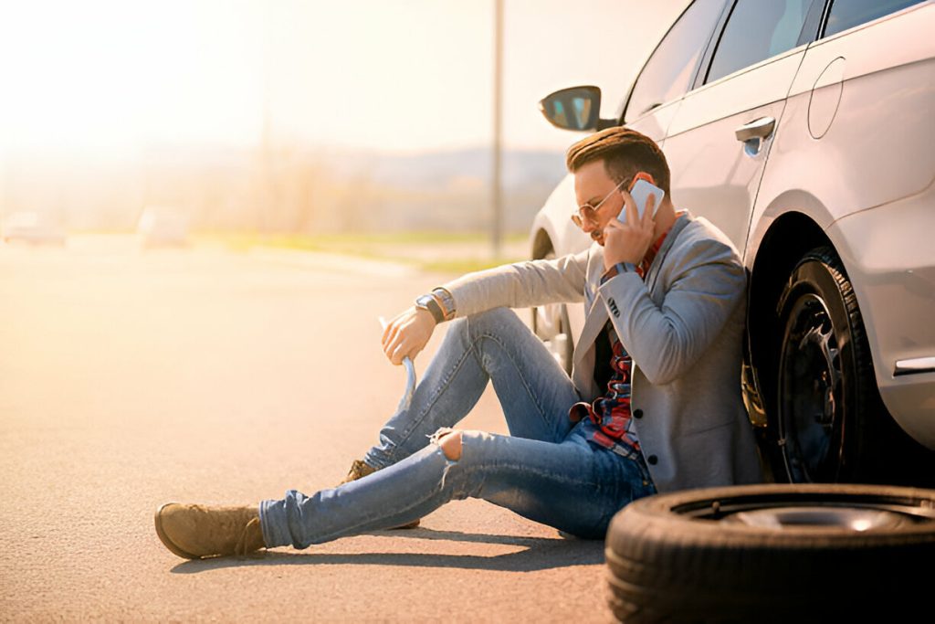 Man calling roadside assistance urgently