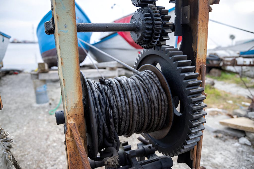 Rusty mechanical winch with gears