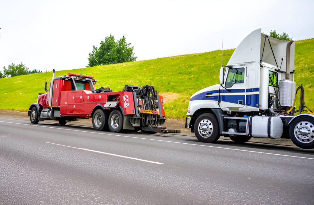 Semi truck towed by towtruck