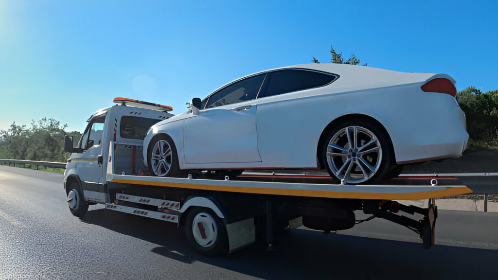 White car being towed on flatbed truck after breakdown