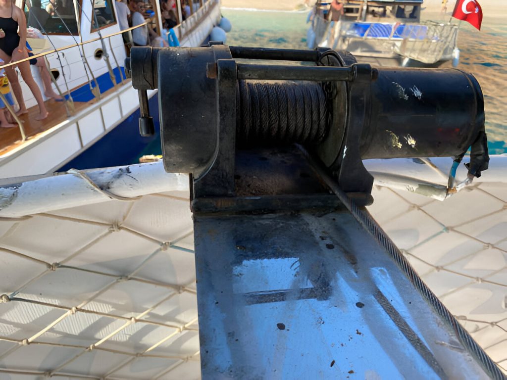 Winch on boat deck closeup
