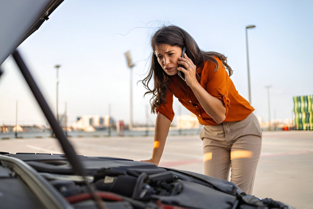 Woman calling for roadside assistance