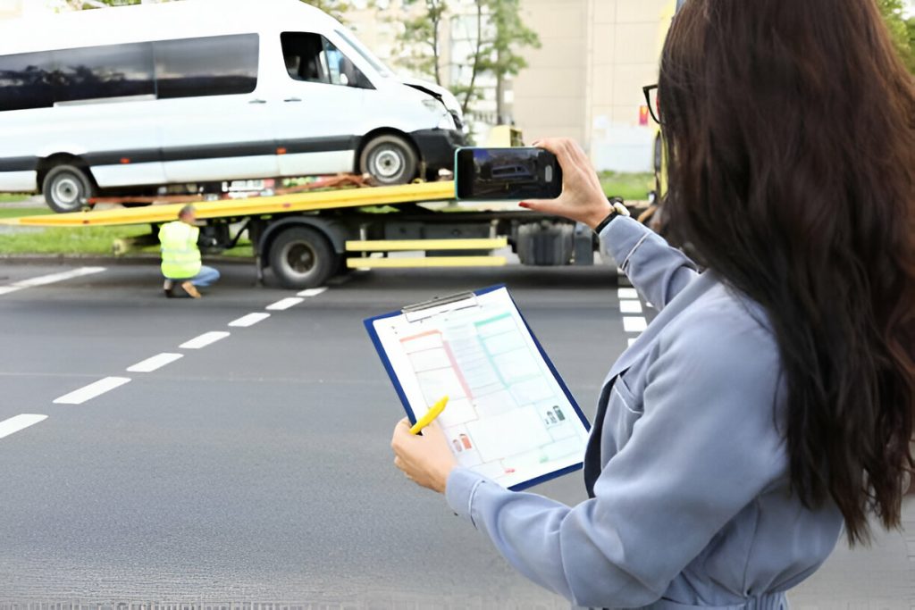 Woman documenting van accident scene