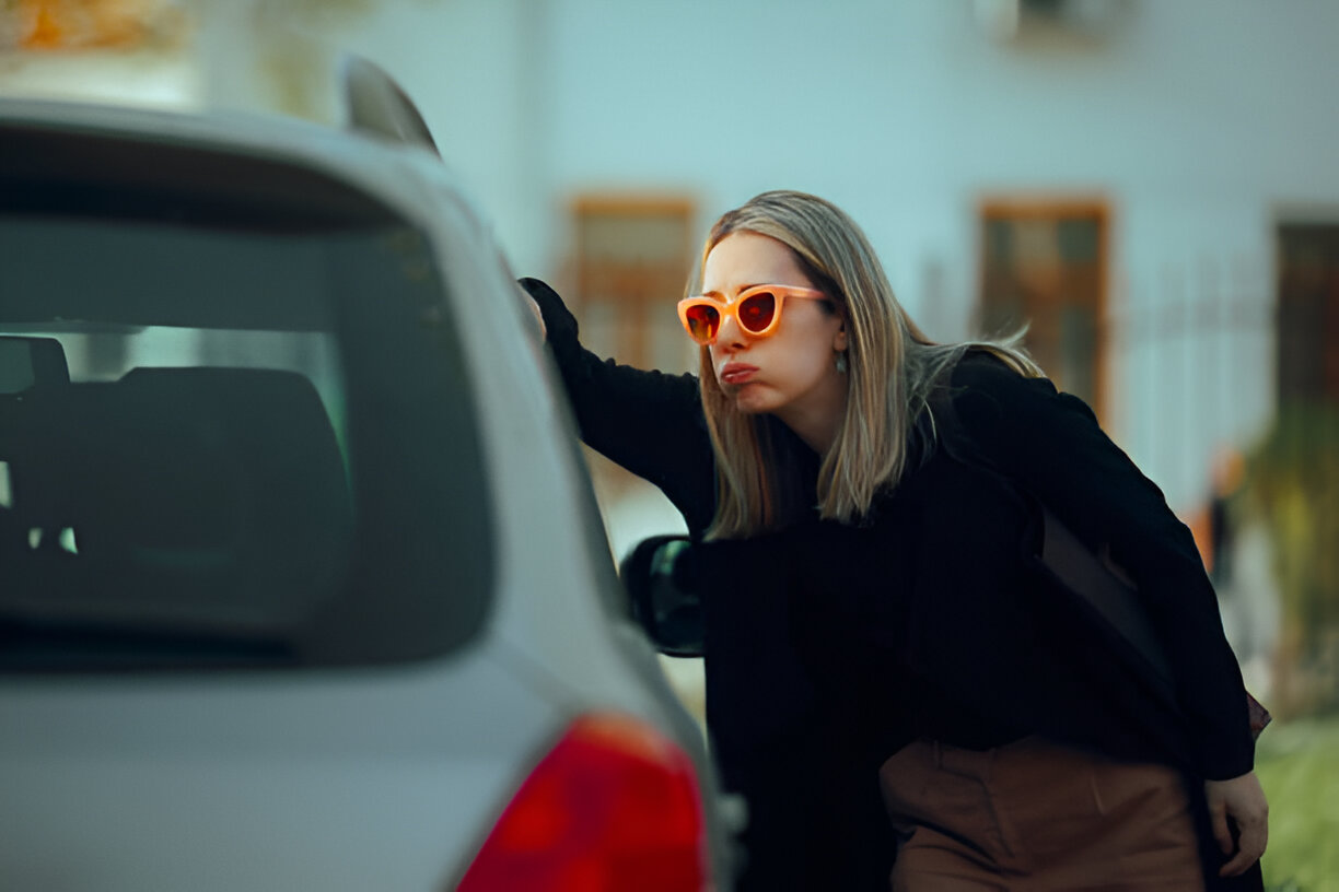 woman looking through car window after locking keys inside