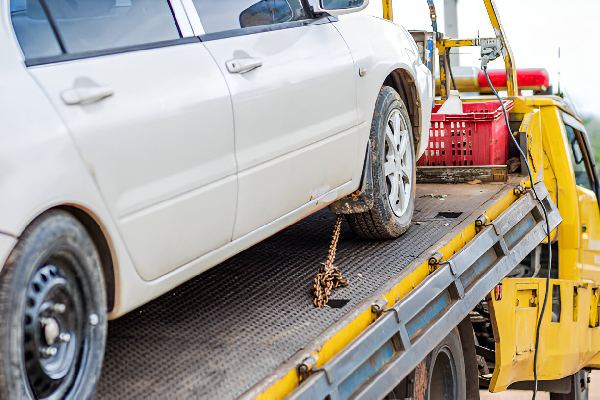 Close-Up Of Damaged Car Towing Outdoors