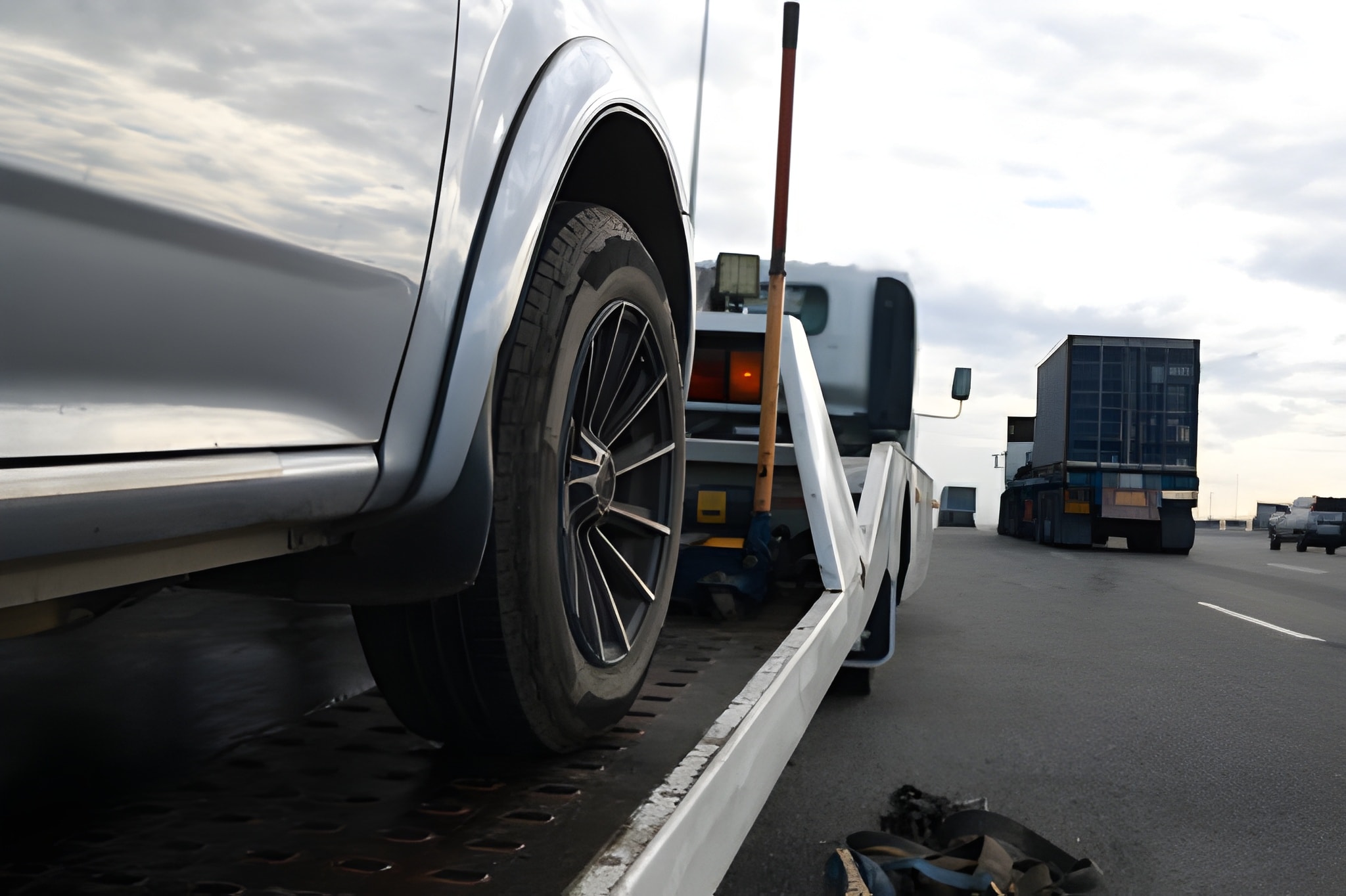Loading a car onto a tow truck. A broken-down vehicle on the highway receives expert care from a tow truck