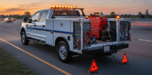 White roadside assistance truck with tools and emergency triangles on highway