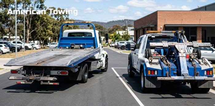 Two American Towing tow trucks parked on the side of a road