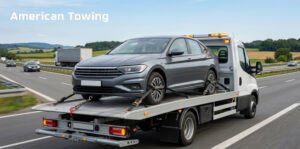 Gray sedan being towed on a flatbed truck, American Towing. Average towing cost.