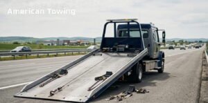 American Towing truck with extended ramp on Circleville highway
