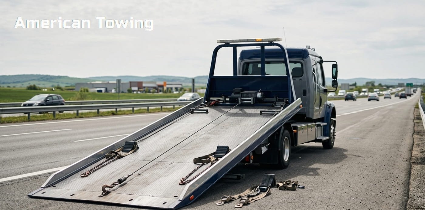 American Towing truck with extended ramp on Circleville highway