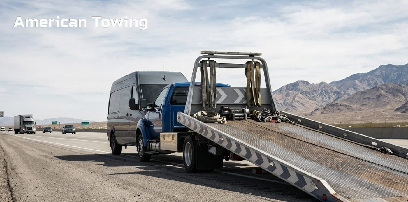 Blue towing truck carrying a silver van on a highway with mountains in the background