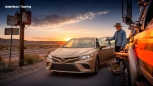 Man in cowboy hat near tow truck and broken-down car, roadside assistance