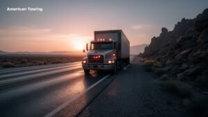 American Towing truck on a desert highway at sunset, offering roadside assistance.