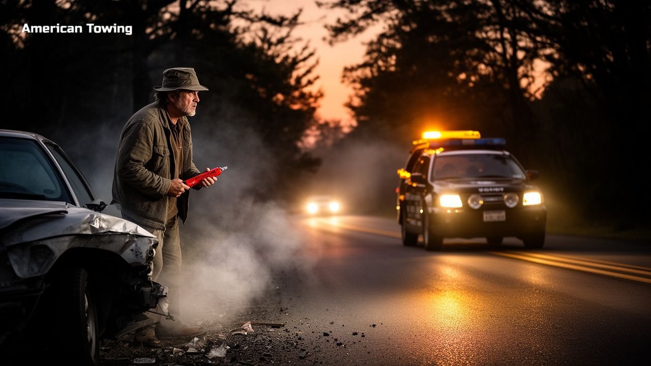 Man with damaged car on roadside, police car lights flashing