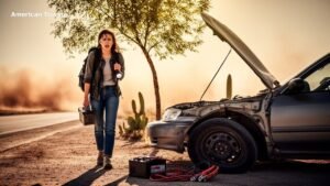 Woman with dead car battery and jumper cables on roadside