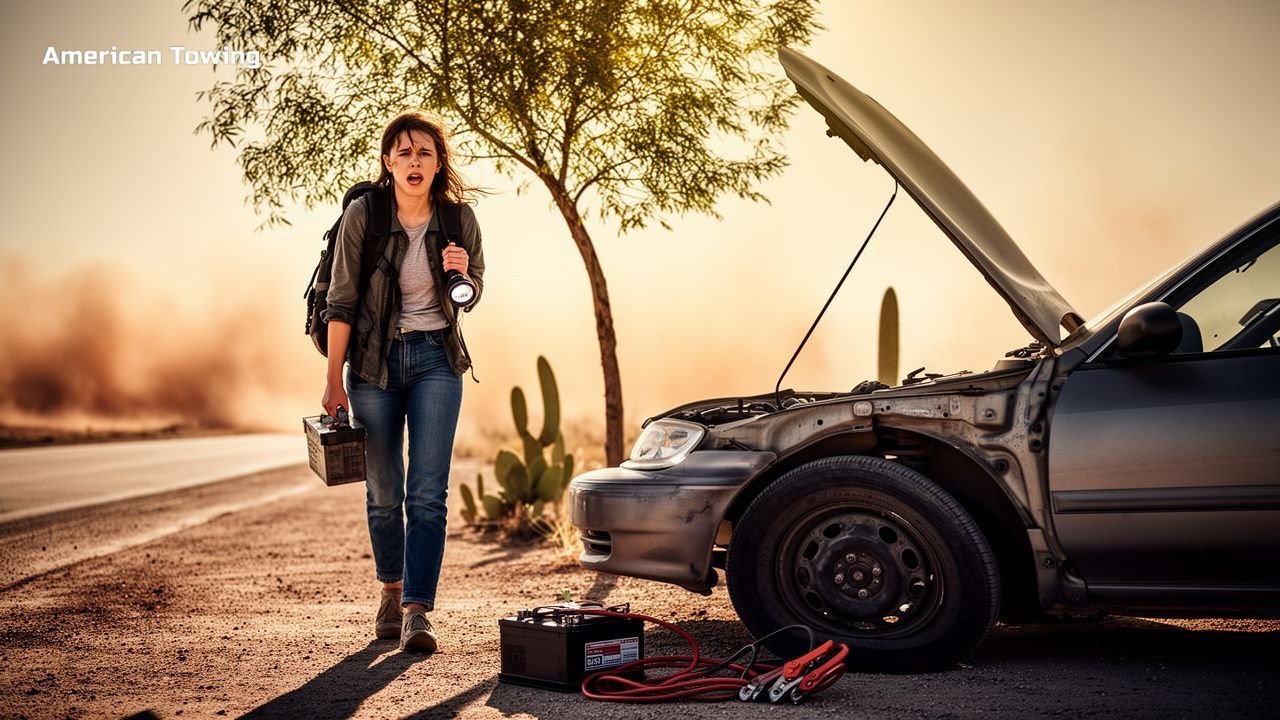 Woman with dead car battery and jumper cables on roadside