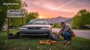 Circleville, UT roadside assistance: man changing flat tire near "Welcome to Circleville" sign.