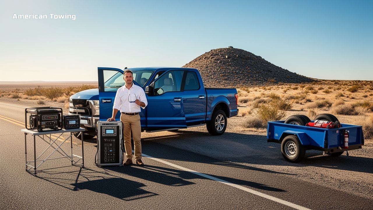 Man with portable generators and towing equipment next to a blue pickup truck