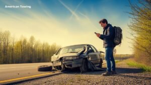 Man with backpack on phone next to wrecked car on roadside, American Towing logo.