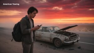 Man with backpack on roadside, broken-down car, American Towing logo, sunset