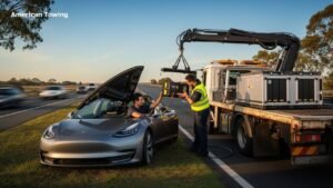 American Towing assists a Tesla electric car with a tow truck and crane on the roadside.