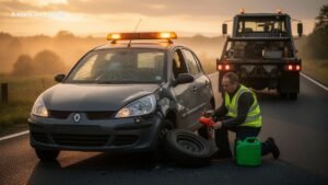 Tow truck operator assists driver with flat tire and damaged car on roadside