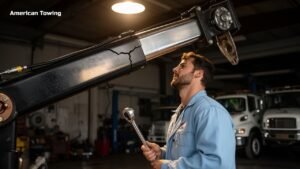 Mechanic inspects tow truck boom with American Towing logo