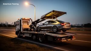 American Towing flatbed tow truck hauling a luxury sedan at dusk.