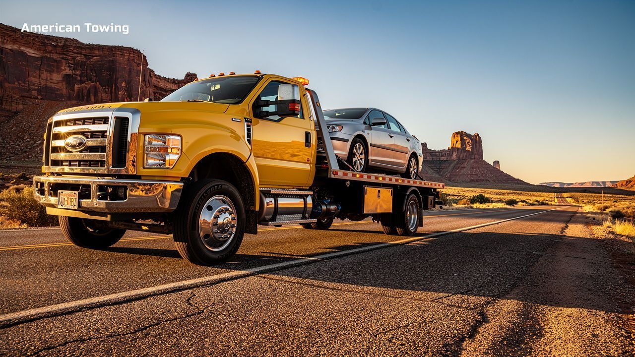 Yellow American Towing flatbed truck carrying a silver sedan on a desert highway at sunset.