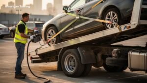 Towing truck operator securing a car onto a flatbed tow truck.