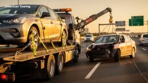American Towing truck hauls a damaged car on a highway at sunset.