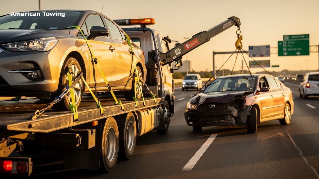 American Towing truck hauls a damaged car on a highway at sunset.