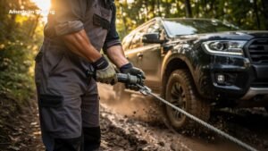 Towing professional winching a black Ford Ranger out of mud