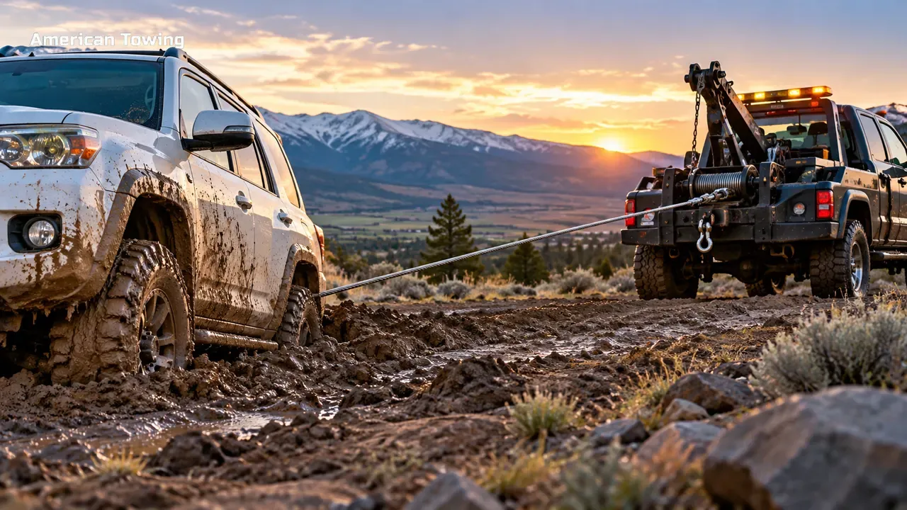 Tow truck pulling a muddy SUV from a ditch at sunset