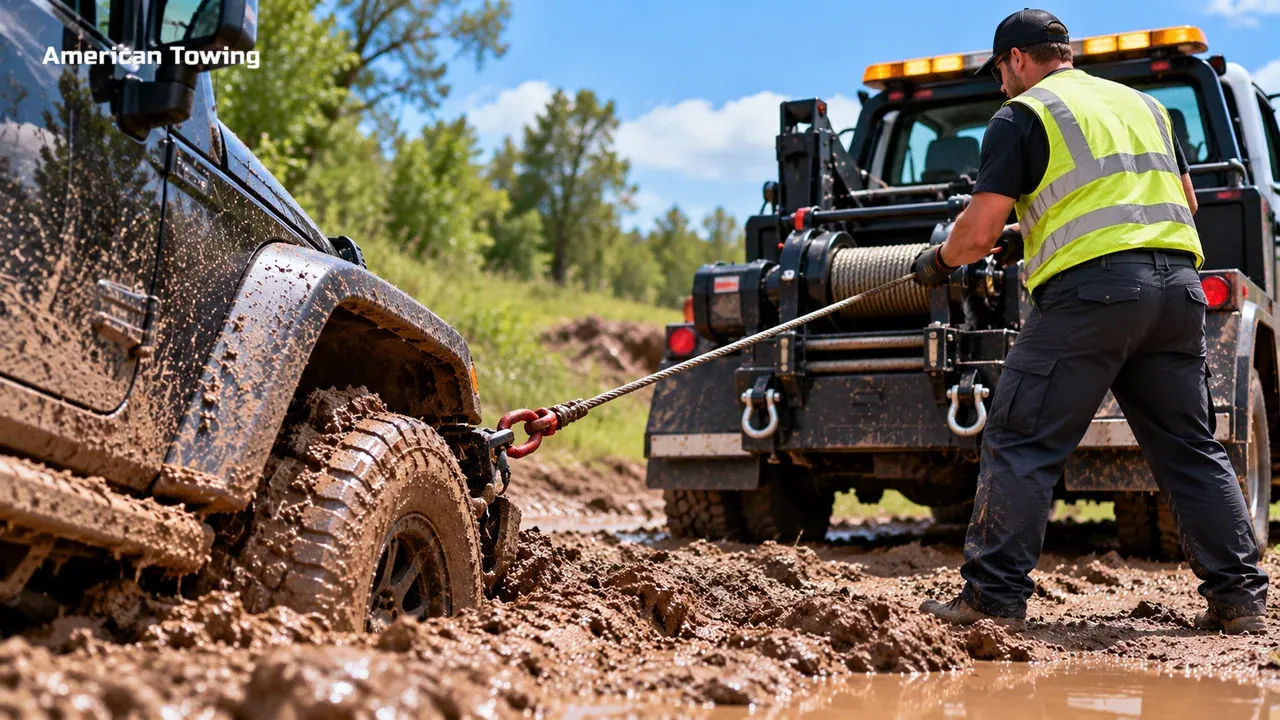 Tow truck driver winching a muddy Jeep out of a ditch.