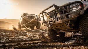 Two off-road vehicles being towed through mud by American Towing