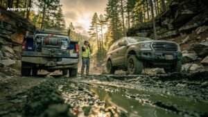 Towing truck winching a stuck SUV out of a muddy forest road